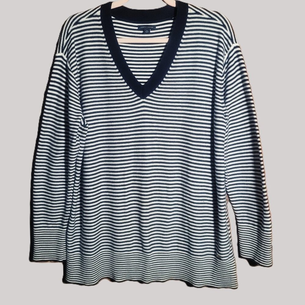 Tommy Hilfiger Women's Striped Nautical V-neck Pullover Long-Sleeve Sweater - XL